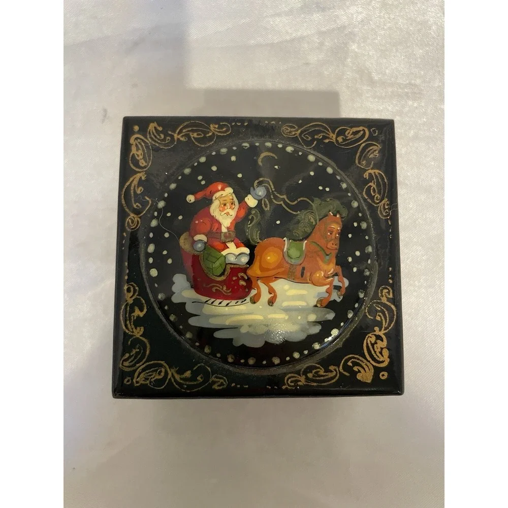 Vintage Black Lacquer Santa Claus Christmas Hand Painted Trinket Box